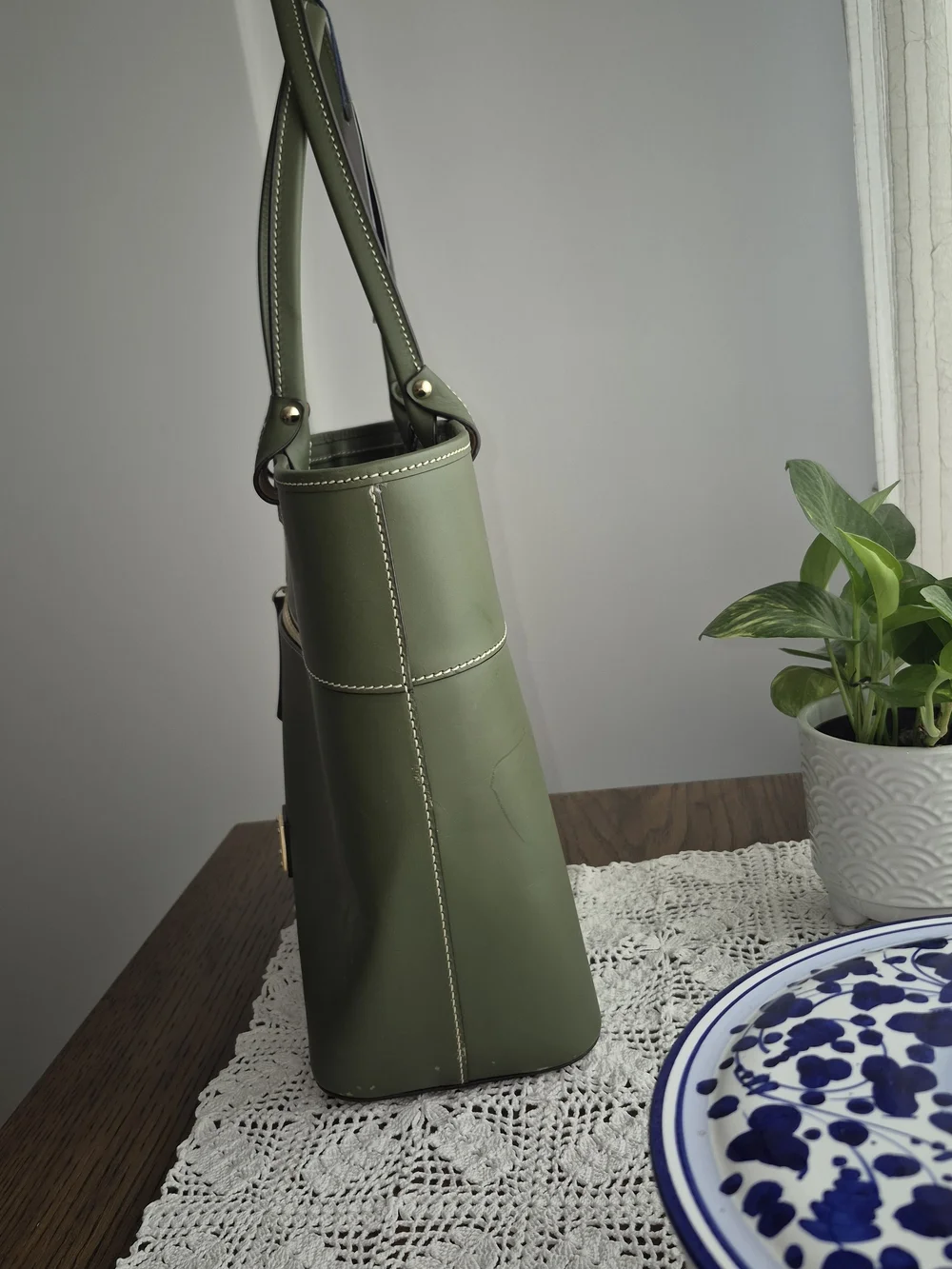 Dooney & Bourke Olive Green Beacon  Leather Tote with Front Zip Pocket